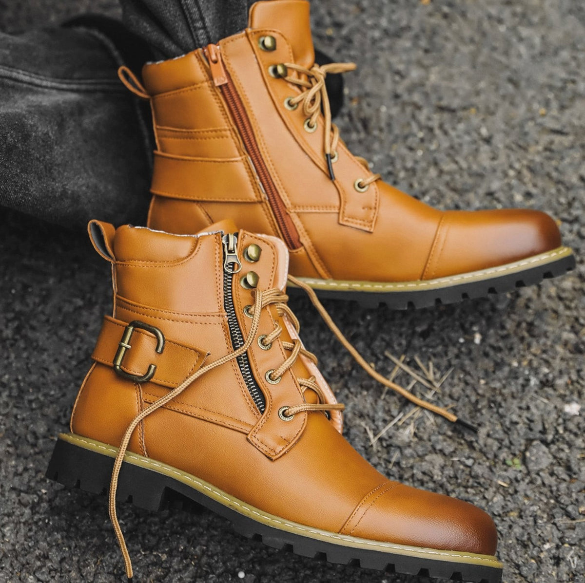 Jasper | Men's Cap-Toe Lace-Up Side-Zip Buckle-Strap Vegan Leather Ankle Boots - Light Brown