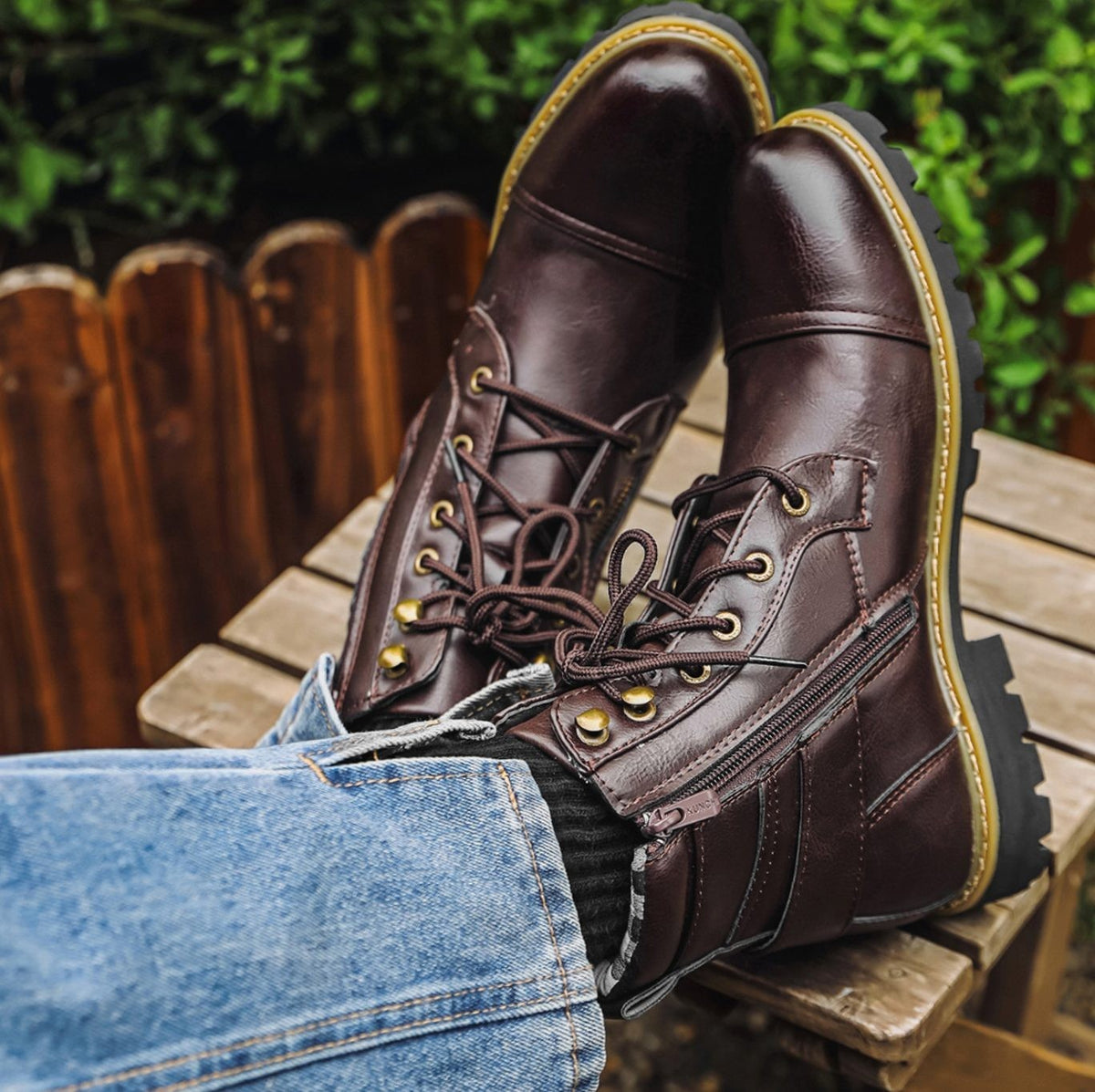 Jasper | Men's Cap-Toe Lace-Up Side-Zip Buckle-Strap Vegan Leather Ankle Boots - Light Brown