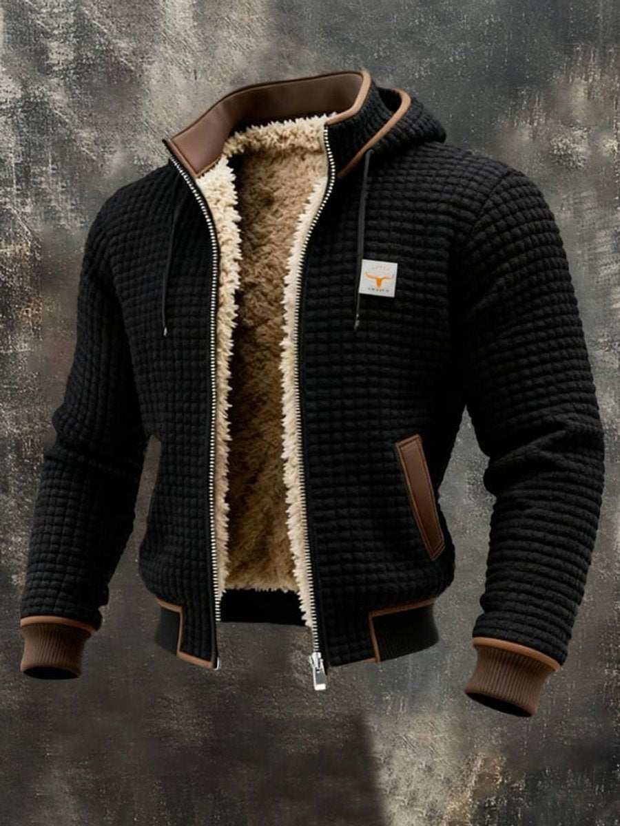 Jasper | Men's Hooded Quilted Jacket with Sherpa Fleece Lining and Vegan Leather Trim - Black