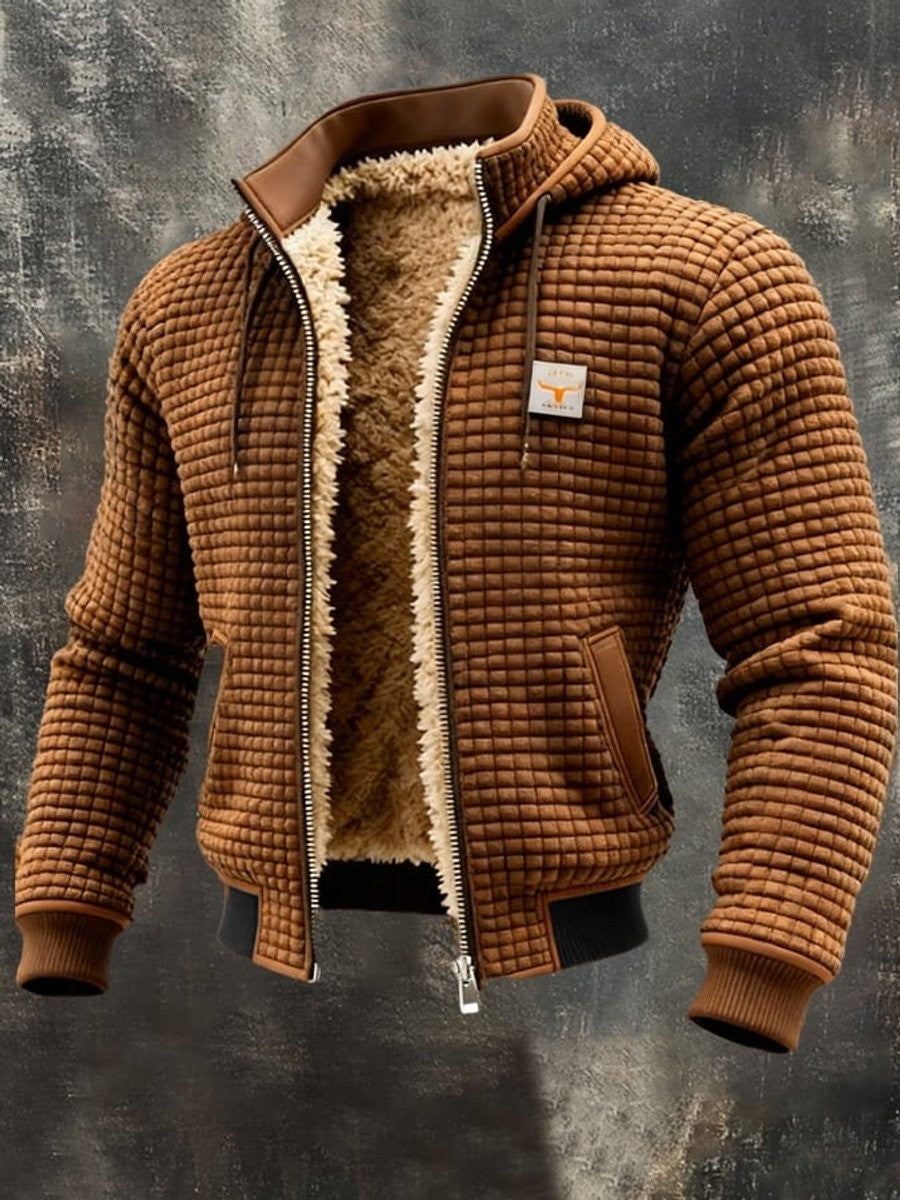 Jasper | Men's Hooded Quilted Jacket with Sherpa Fleece Lining and Vegan Leather Trim - Brown