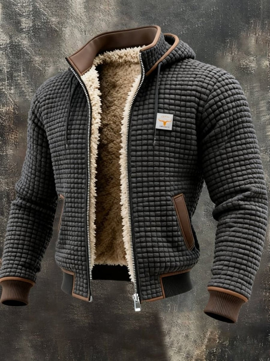 Jasper | Men's Hooded Quilted Jacket with Sherpa Fleece Lining and Vegan Leather Trim - Gray
