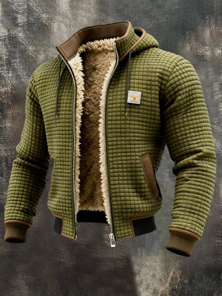 Jasper | Men's Hooded Quilted Jacket with Sherpa Fleece Lining and Vegan Leather Trim - Olive Green
