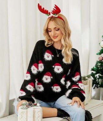 Jasper | Women's Christmas Jumper for Women Santa Face Knit Crew-Neck Pullover - Sort
