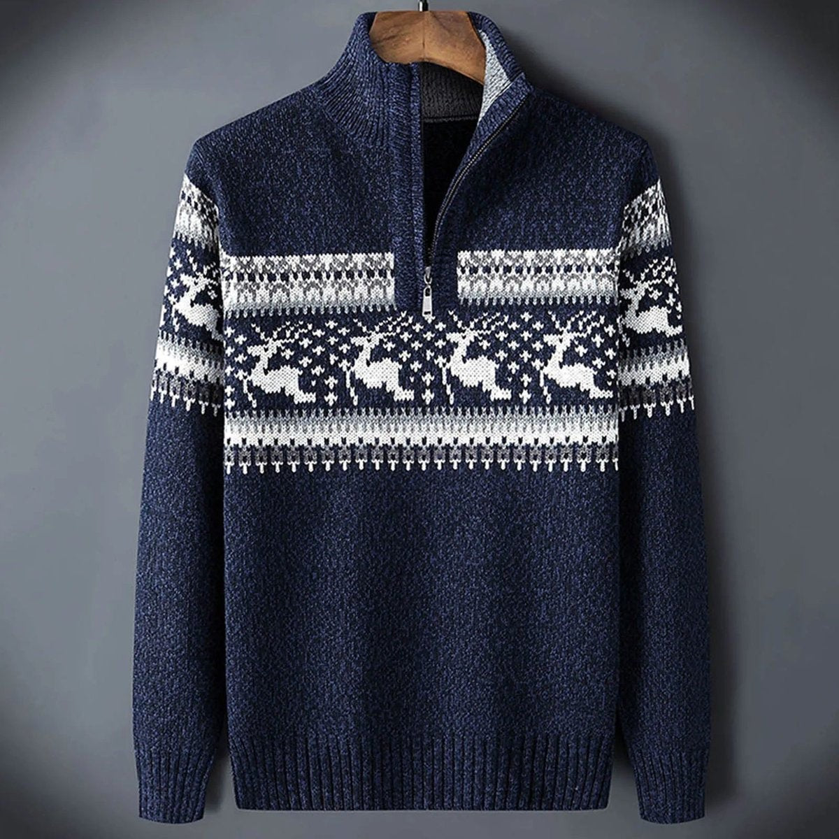 Leo | Men's Christmas Jumper Fair Isle Half-Zip Stand-Collar Knit - Blue