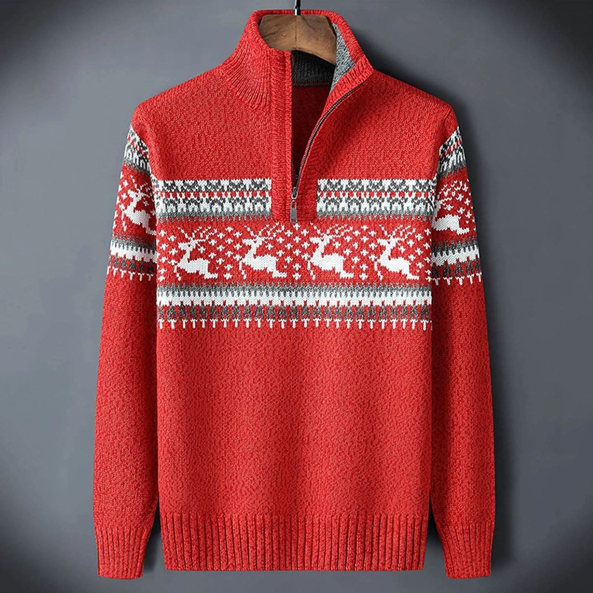 Leo | Men's Christmas Jumper Fair Isle Half-Zip Stand-Collar Knit - Red