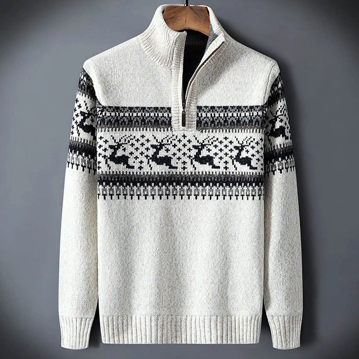 Leo | Men's Christmas Jumper Fair Isle Half-Zip Stand-Collar Knit - White