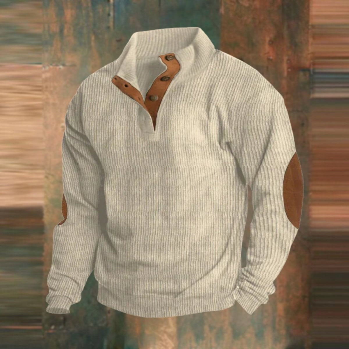 Leo | Men's Relaxed-Fit Ribbed Knit Quarter-Zip Suede Elbow Patch Jumper - Beige