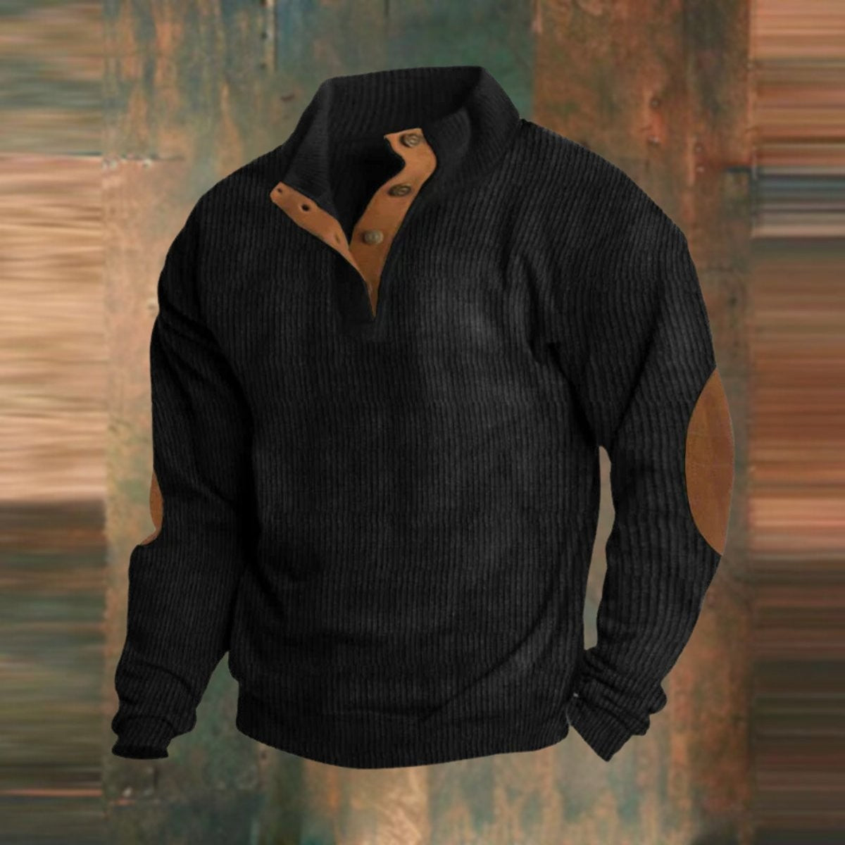Leo | Men's Relaxed-Fit Ribbed Knit Quarter-Zip Suede Elbow Patch Jumper - Black