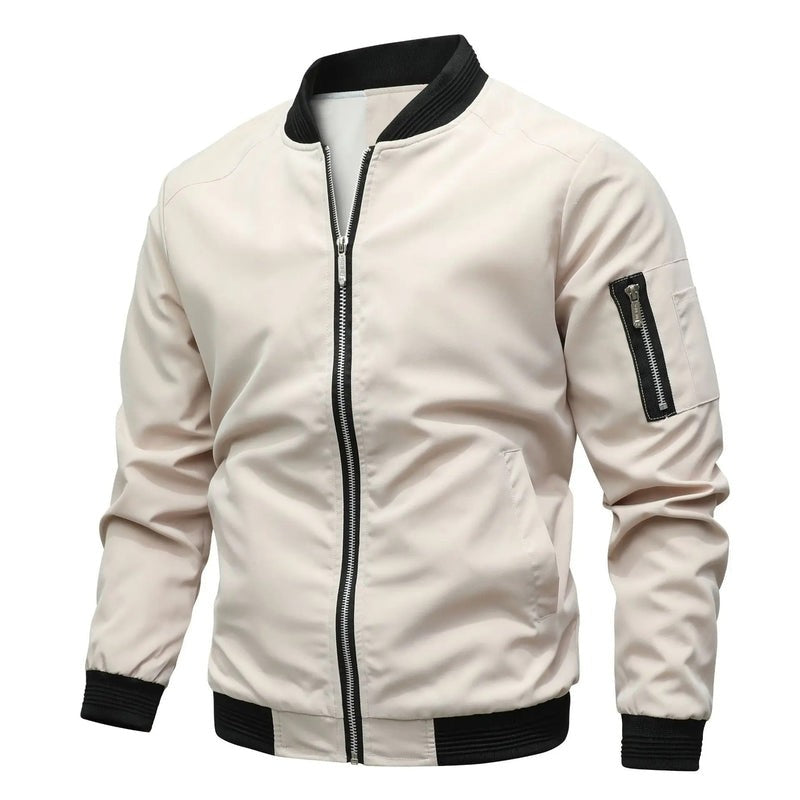 Leo | Men's Slim-Fit Zip-Up Bomber Jacket with Ribbed Collar and Sleeve Pocket - Beige