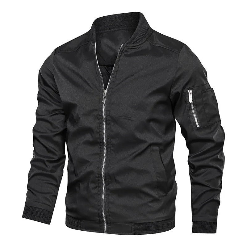 Leo | Men's Slim-Fit Zip-Up Bomber Jacket with Ribbed Collar and Sleeve Pocket - Black