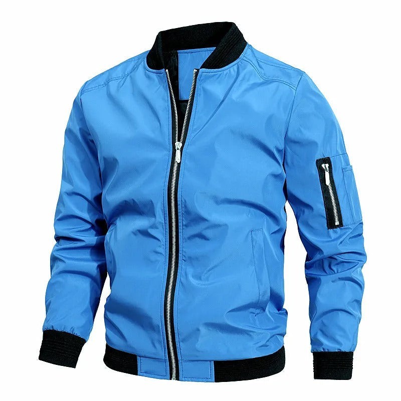 Leo | Men's Slim-Fit Zip-Up Bomber Jacket with Ribbed Collar and Sleeve Pocket - Blue
