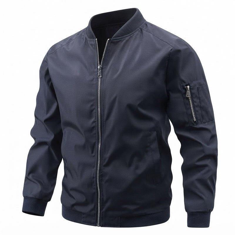 Leo | Men's Slim-Fit Zip-Up Bomber Jacket with Ribbed Collar and Sleeve Pocket - Charcoal Blue