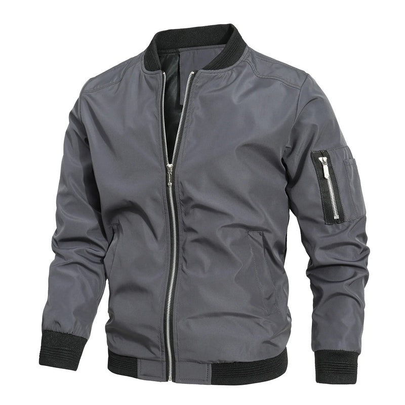 Leo | Men's Slim-Fit Zip-Up Bomber Jacket with Ribbed Collar and Sleeve Pocket - Dark Gray