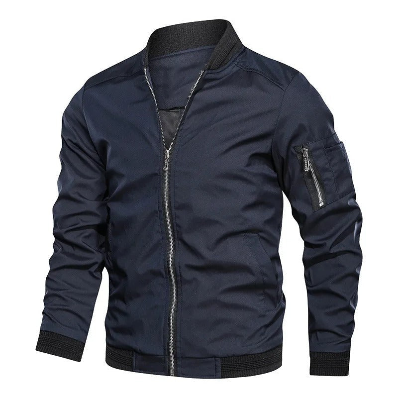 Leo | Men's Slim-Fit Zip-Up Bomber Jacket with Ribbed Collar and Sleeve Pocket - Dark Navy