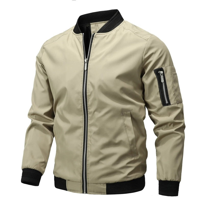 Leo | Men's Slim-Fit Zip-Up Bomber Jacket with Ribbed Collar and Sleeve Pocket - Khaki