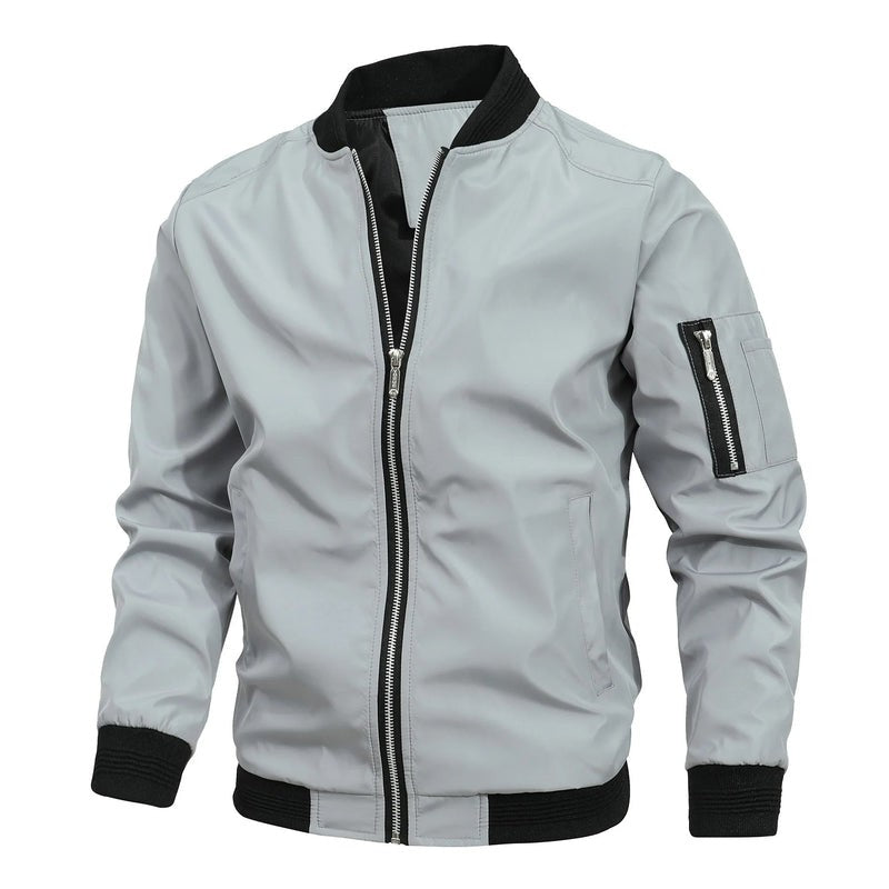 Leo | Men's Slim-Fit Zip-Up Bomber Jacket with Ribbed Collar and Sleeve Pocket - Light Gray