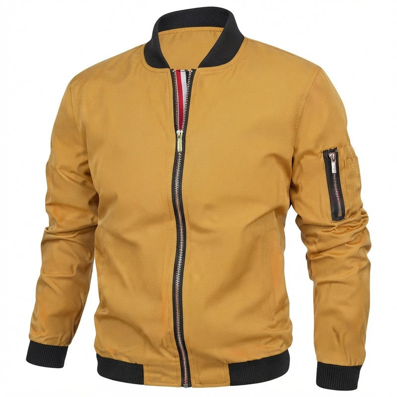 Leo | Men's Slim-Fit Zip-Up Bomber Jacket with Ribbed Collar and Sleeve Pocket - Yellow