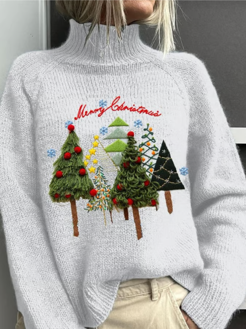 Leo | Women's Christmas Jumper for Women Embroidered Festive Turtleneck Knit - White