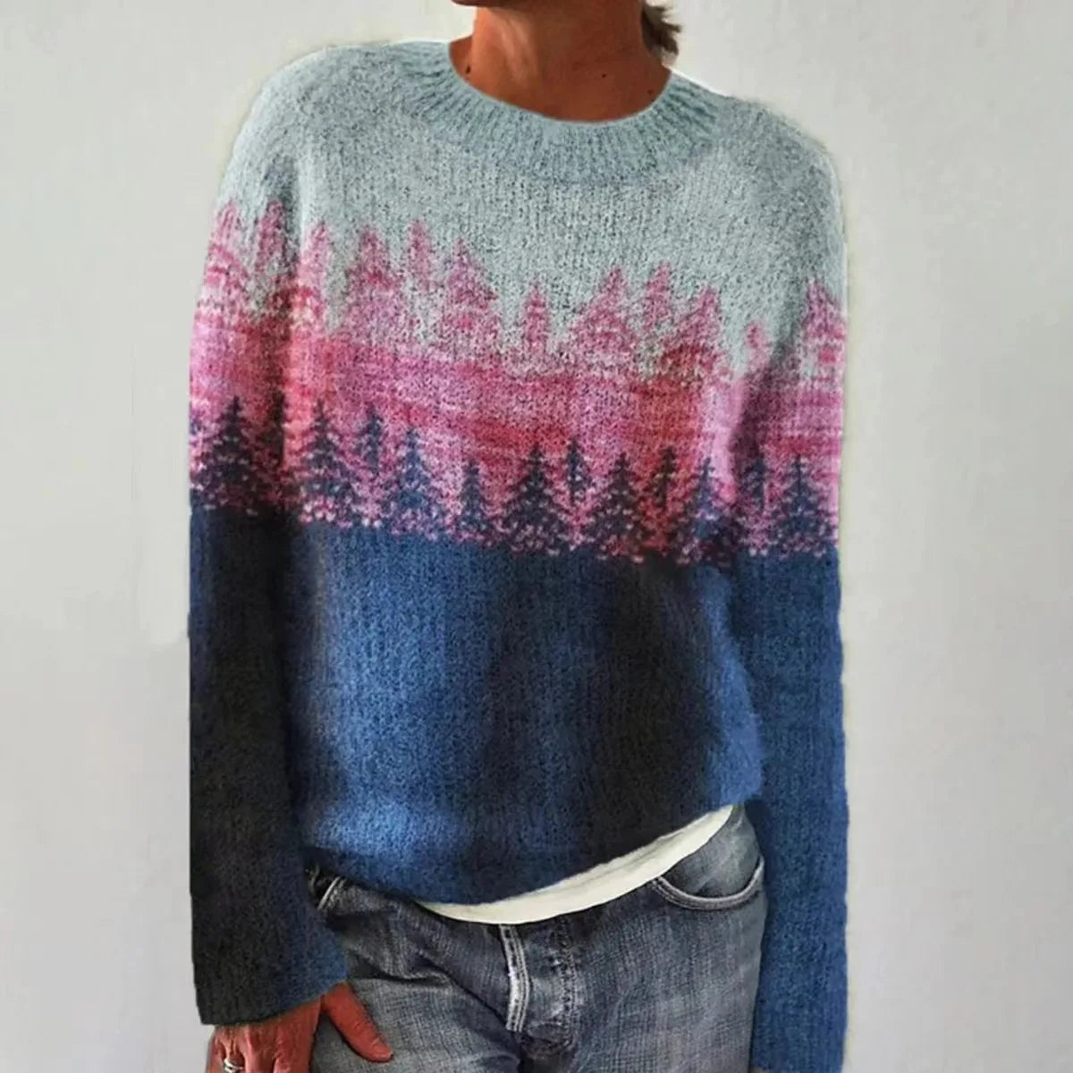Leo | Women's Relaxed Fit Boat-Neck Multicolour Fair Isle Knit Jumper - Blue/Pink