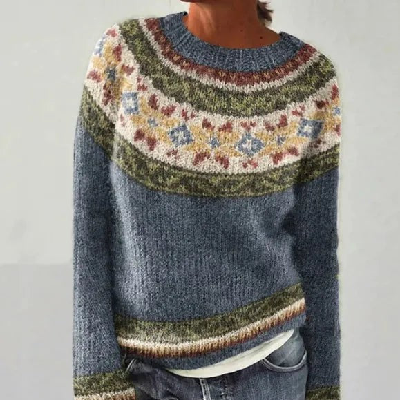 Leo | Women's Relaxed Fit Boat-Neck Multicolour Fair Isle Knit Jumper - Grey/Flowers