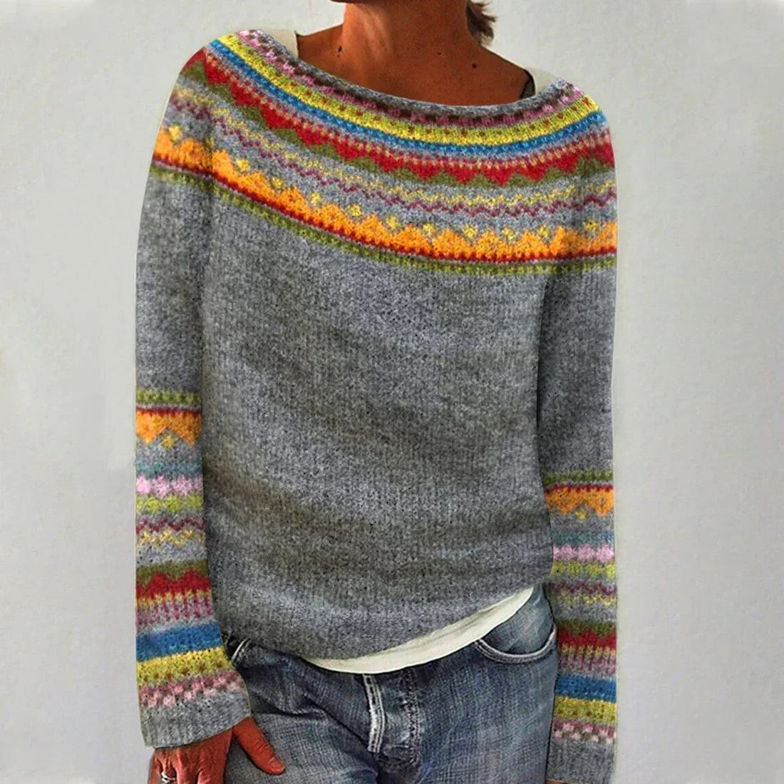 Leo | Women's Relaxed Fit Boat-Neck Multicolour Fair Isle Knit Jumper - Grey/Rainbow