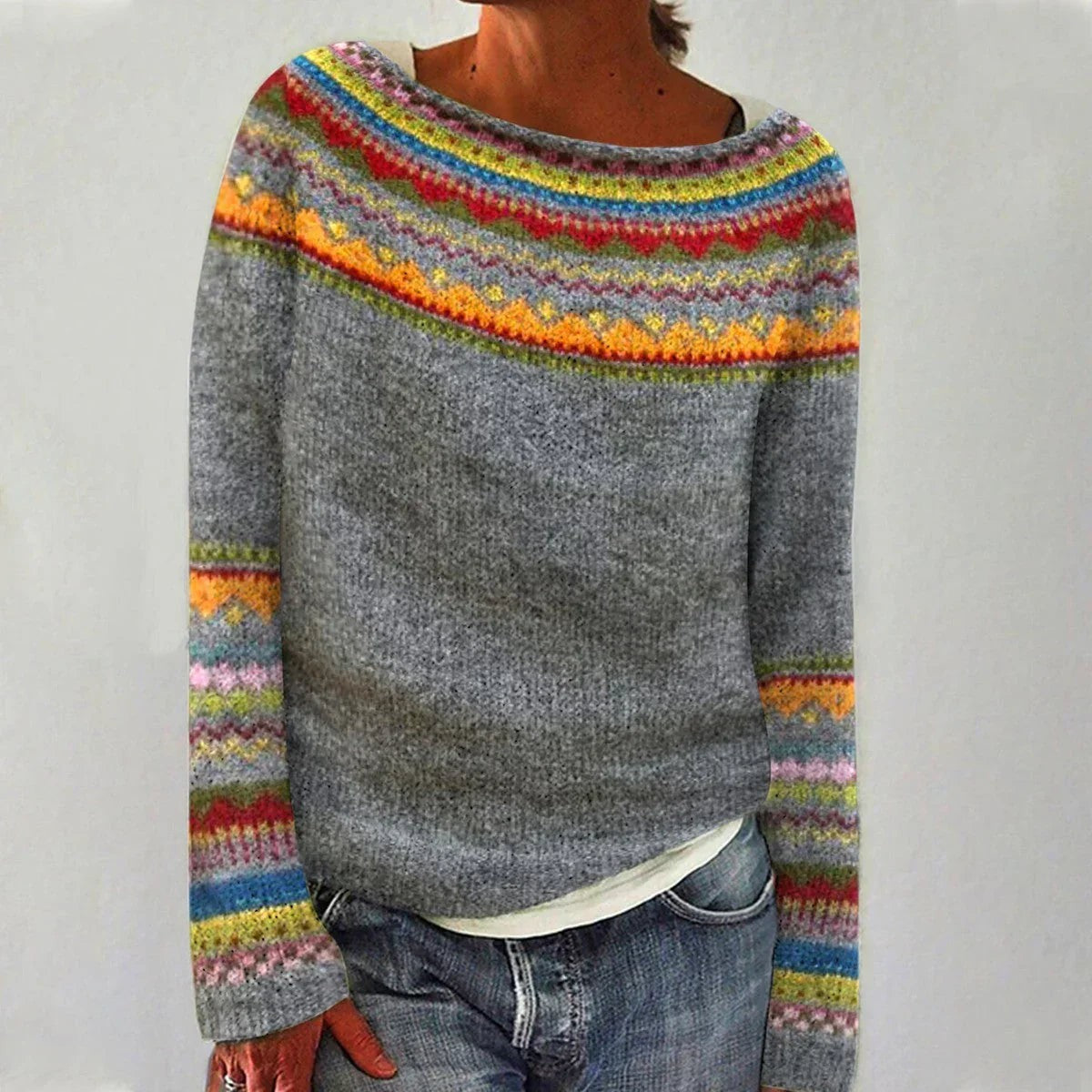 Leo | Women's Relaxed Fit Boat-Neck Multicolour Fair Isle Knit Jumper - Grey/Rainbow