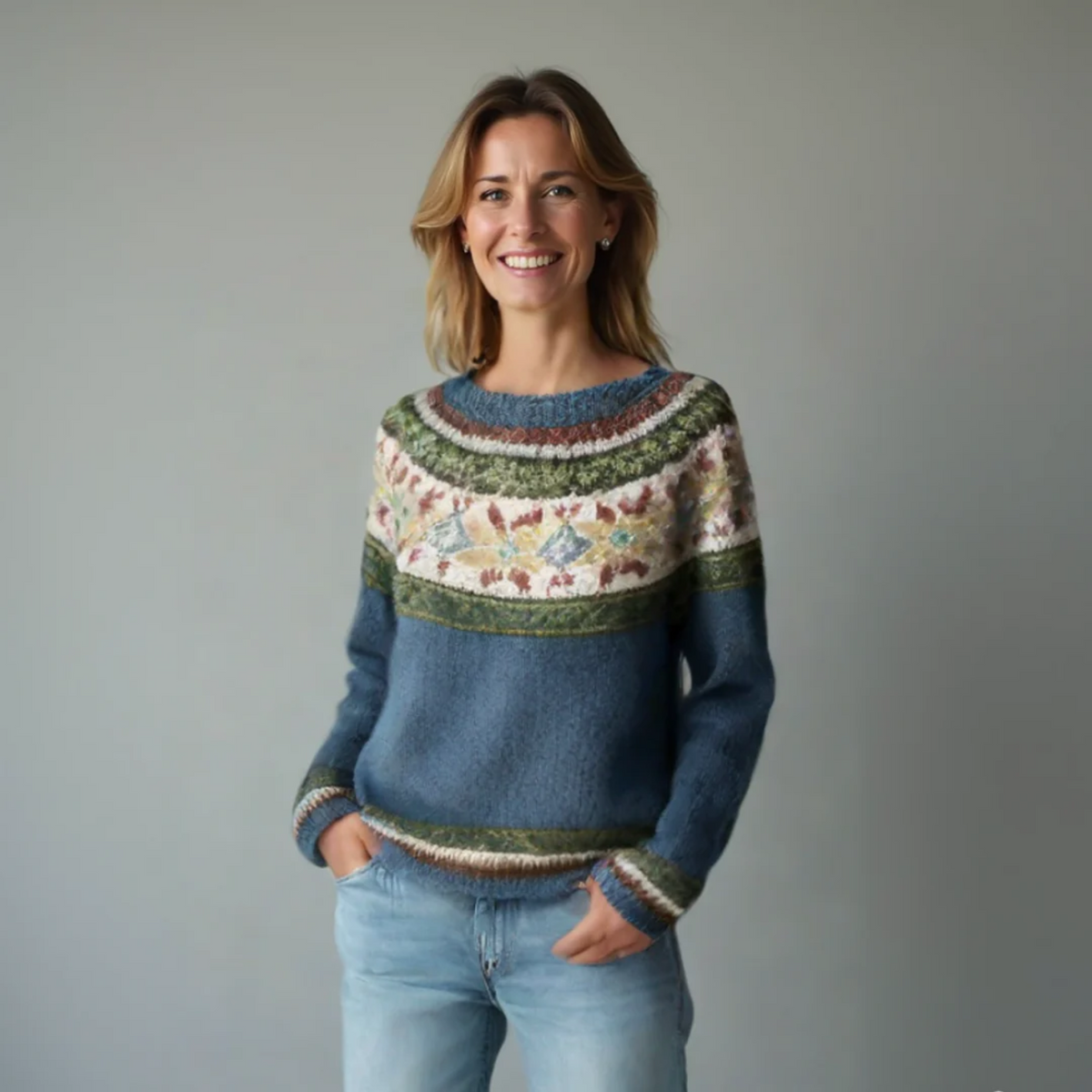 Leo | Women's Relaxed Fit Boat-Neck Multicolour Fair Isle Knit Jumper - Grey/Rainbow