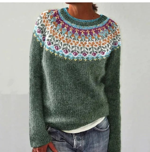 Leo | Women's Relaxed Fit Boat-Neck Multicolour Fair Isle Knit Jumper - Grey/Stars