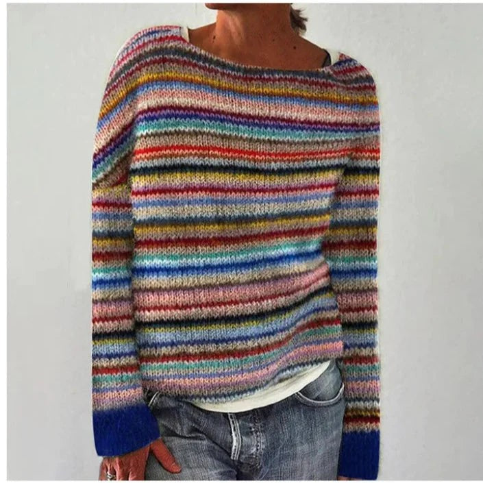 Leo | Women's Relaxed Fit Boat-Neck Multicolour Fair Isle Knit Jumper - Rainbow