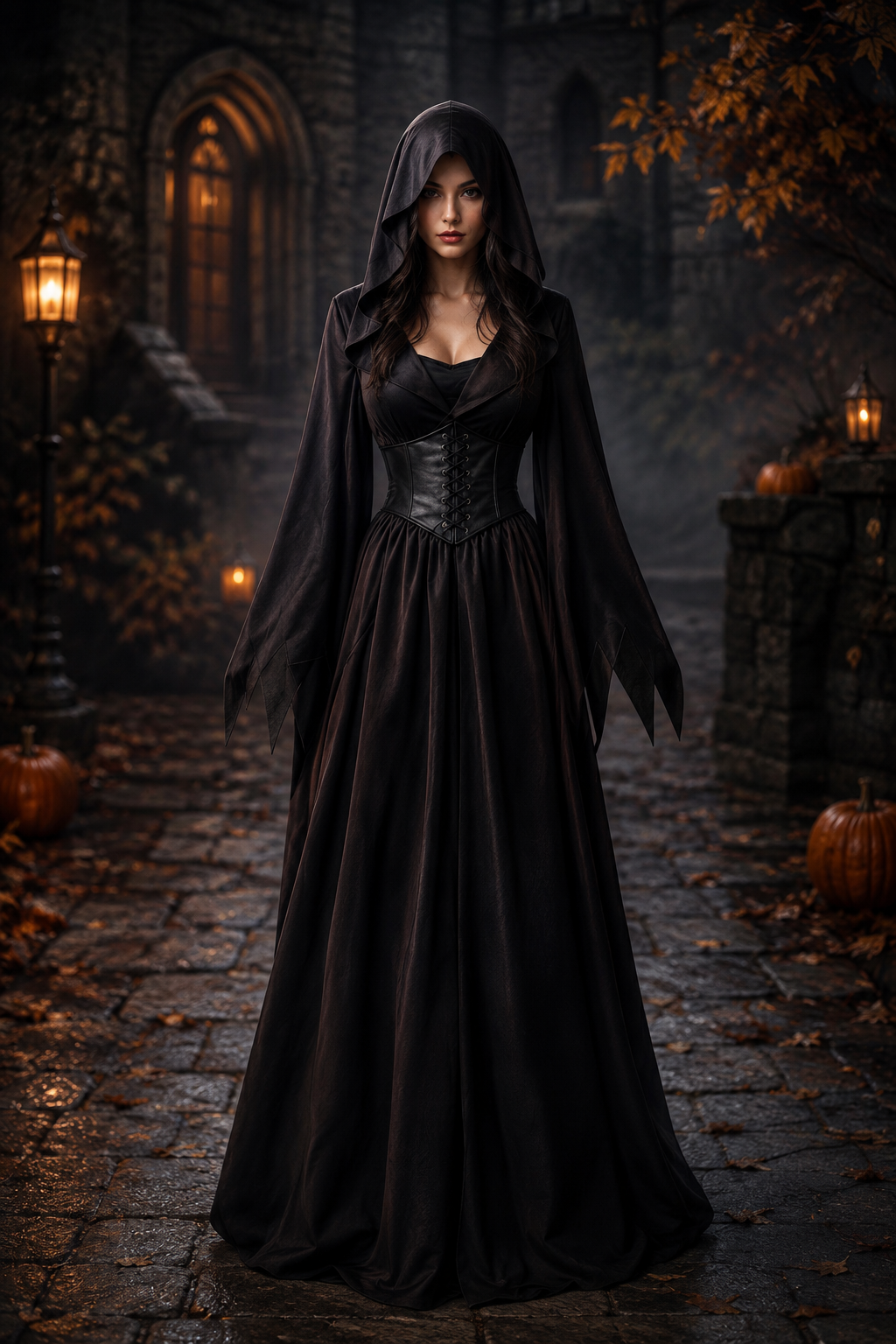 Lily | Women's Hooded Lace-Up Corset Pointed-Sleeve Floor-Length Gothic Gown - Black
