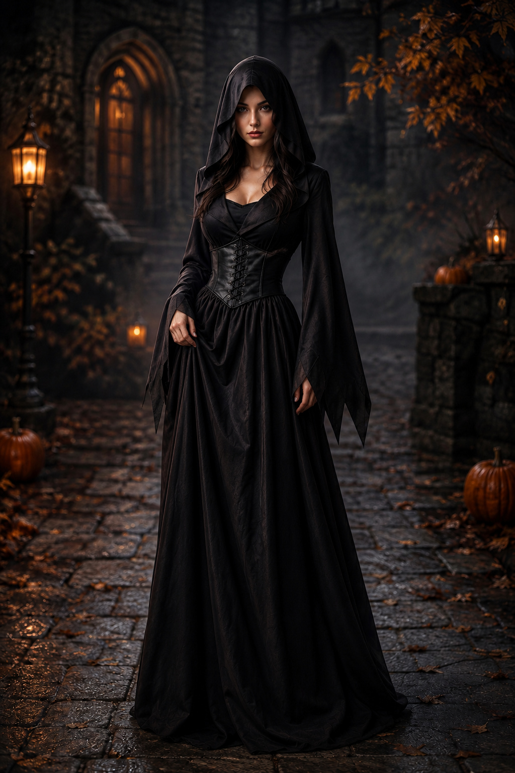 Lily | Women's Hooded Lace-Up Corset Pointed-Sleeve Floor-Length Gothic Gown - Black