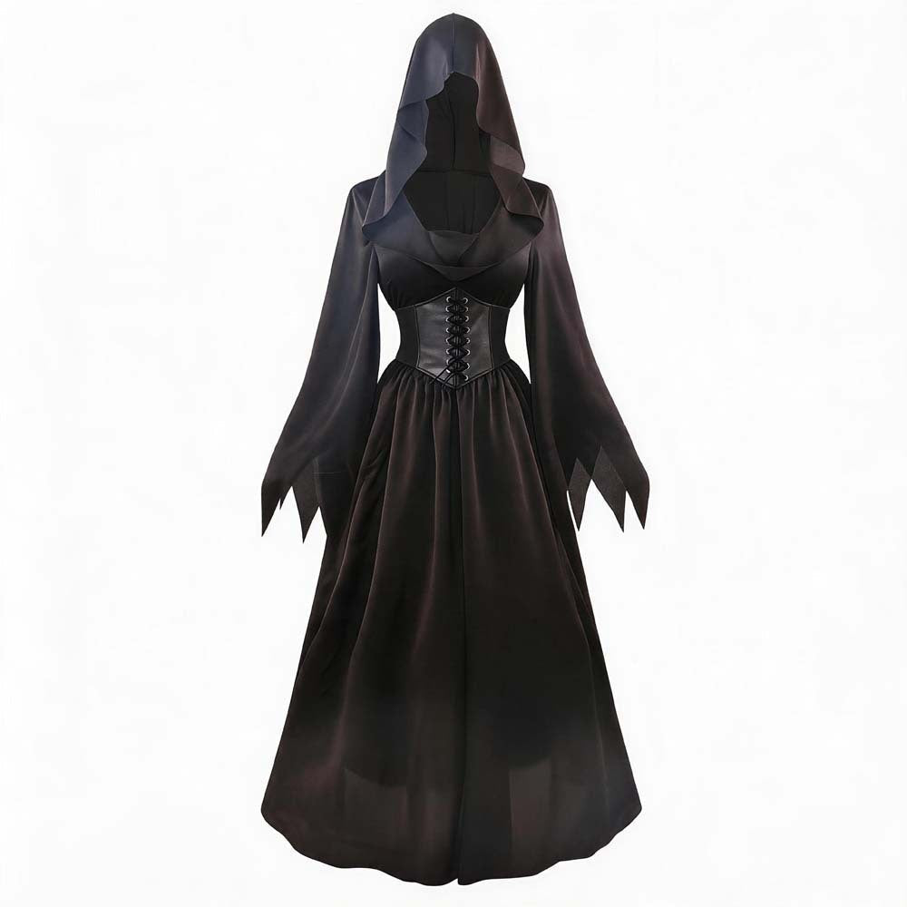 Lily | Women's Hooded Lace-Up Corset Pointed-Sleeve Floor-Length Gothic Gown - Black