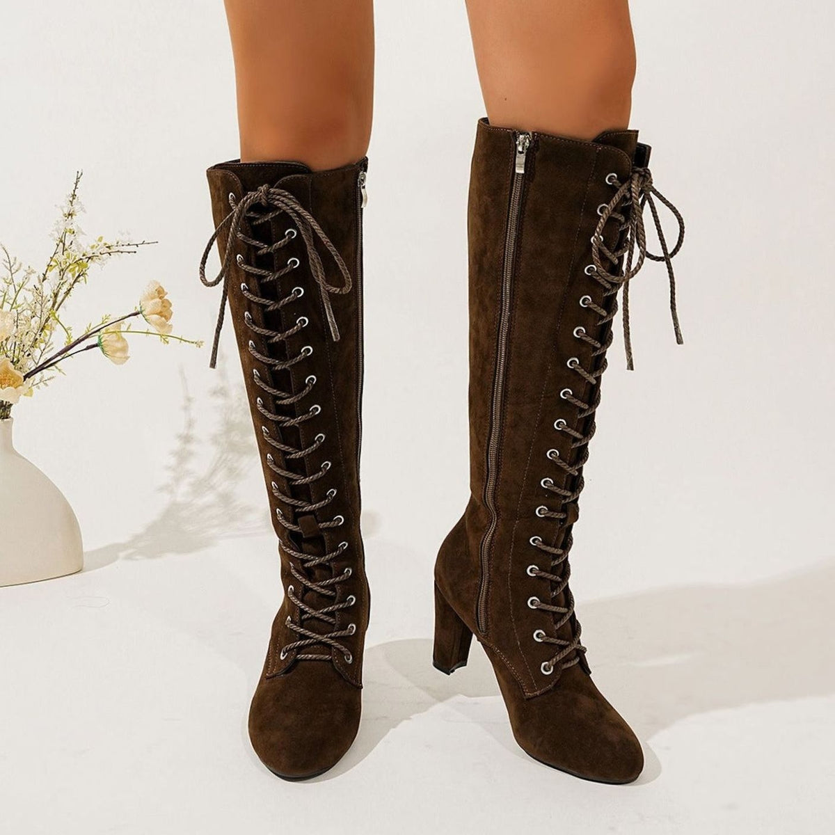 Lily | Women's Lace-Up Over-the-Knee Block Heel Suede Boots - Brown