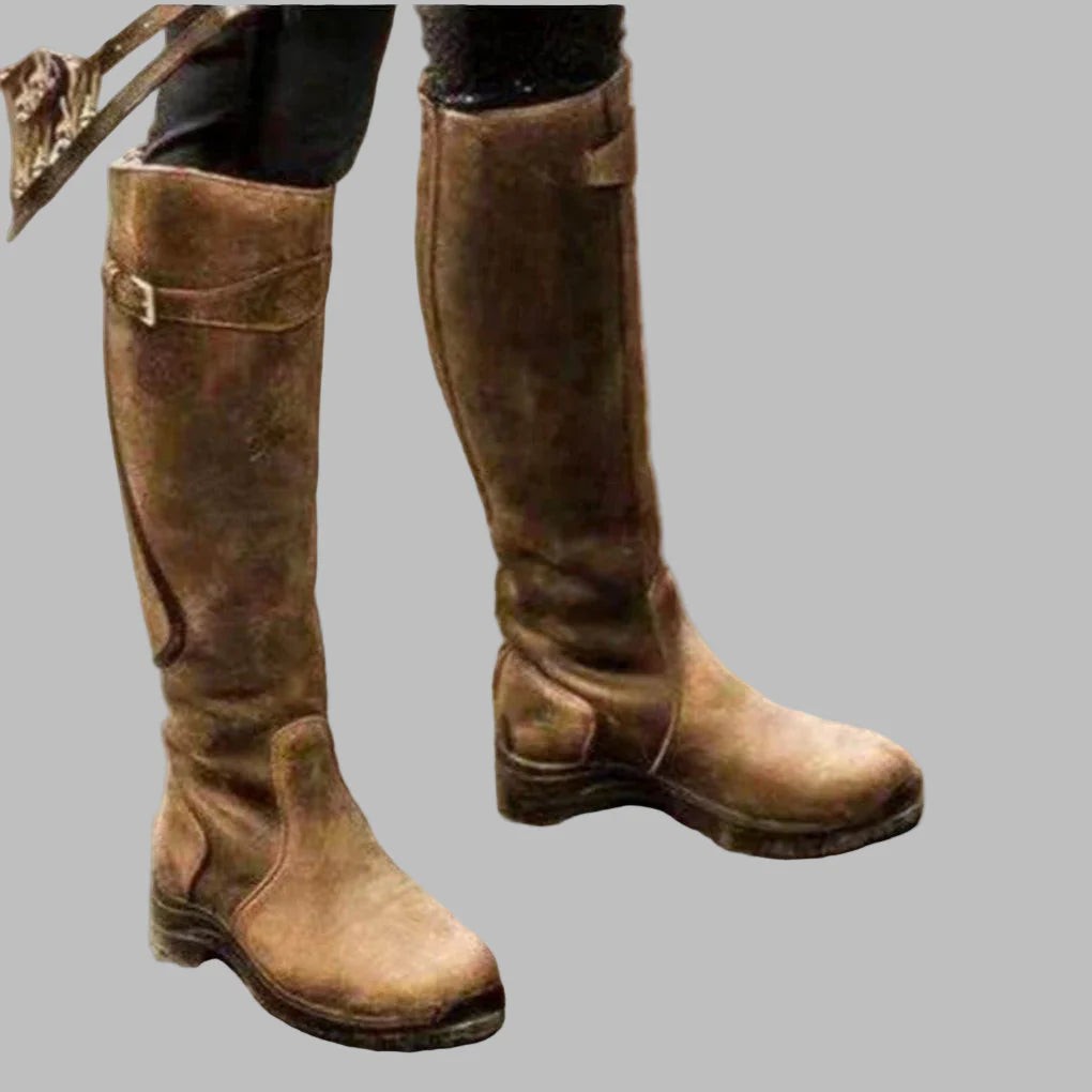 Lily | Women's Orthopaedic Vegan Leather Knee-High Buckle-Strap Boot - Brown