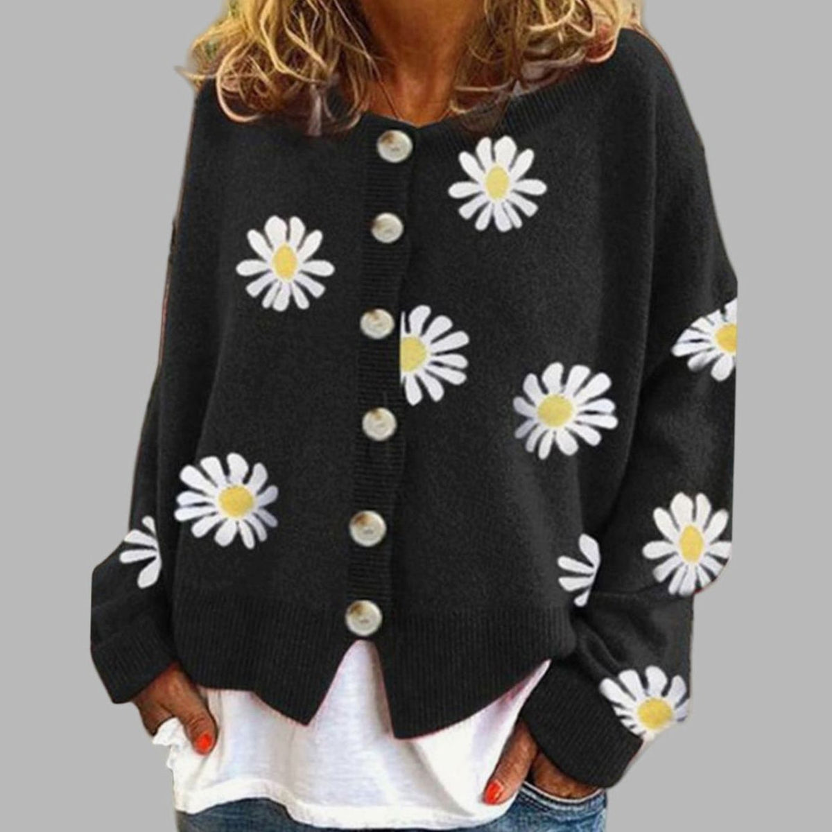 Lily | Women's Relaxed-Fit Daisy Embroidered Button-Front Knit Cardigan - Black