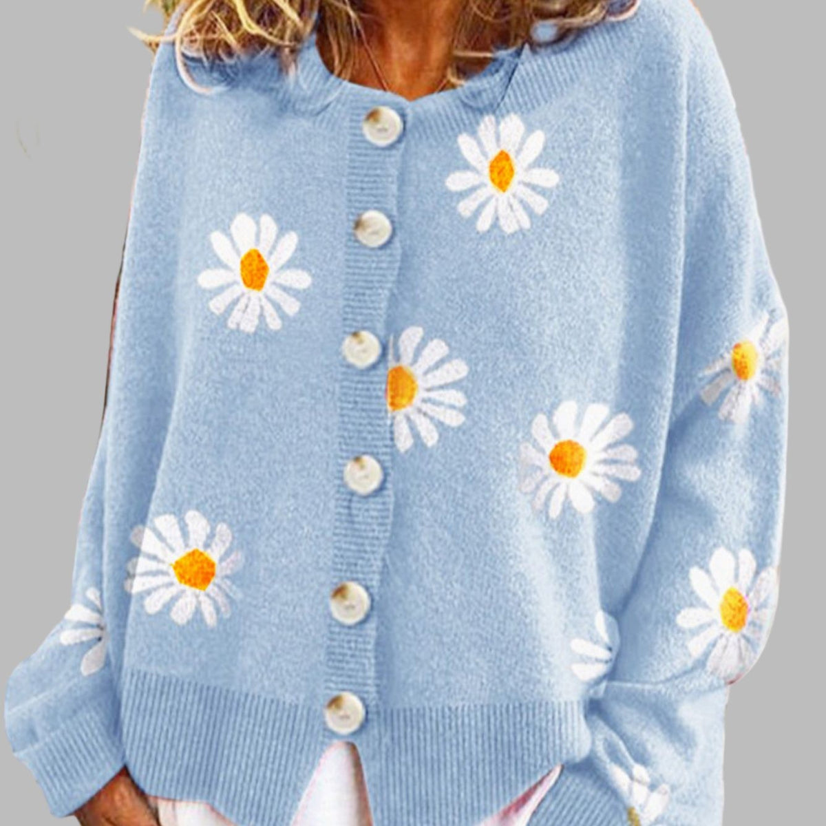Lily | Women's Relaxed-Fit Daisy Embroidered Button-Front Knit Cardigan - Blue