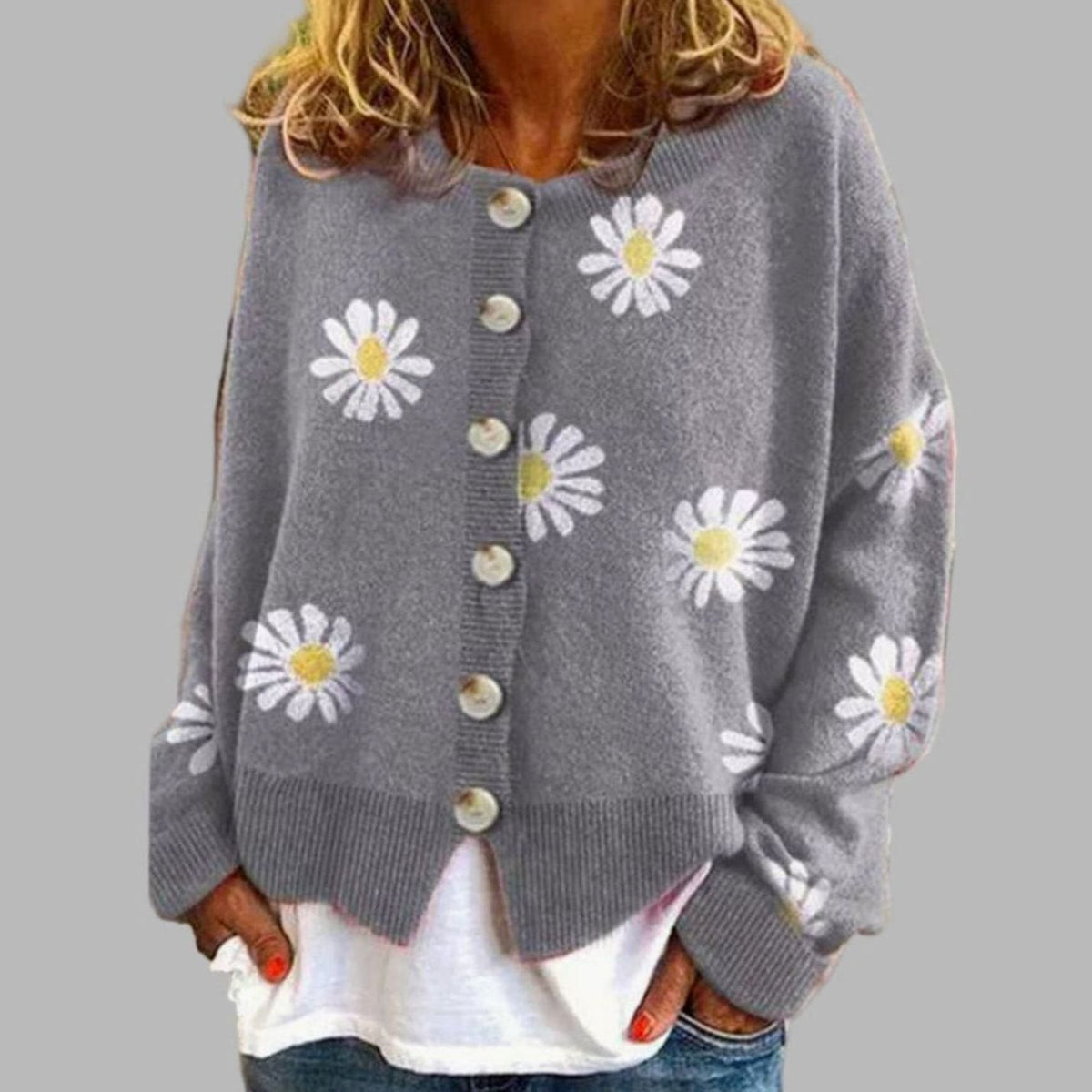 Lily | Women's Relaxed-Fit Daisy Embroidered Button-Front Knit Cardigan - Grey
