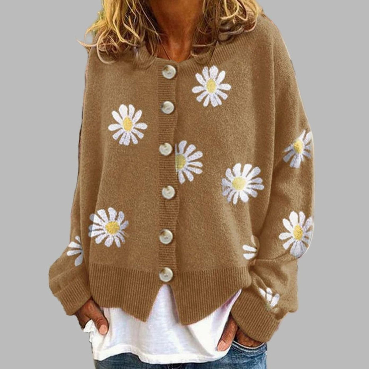 Lily | Women's Relaxed-Fit Daisy Embroidered Button-Front Knit Cardigan - Khaki