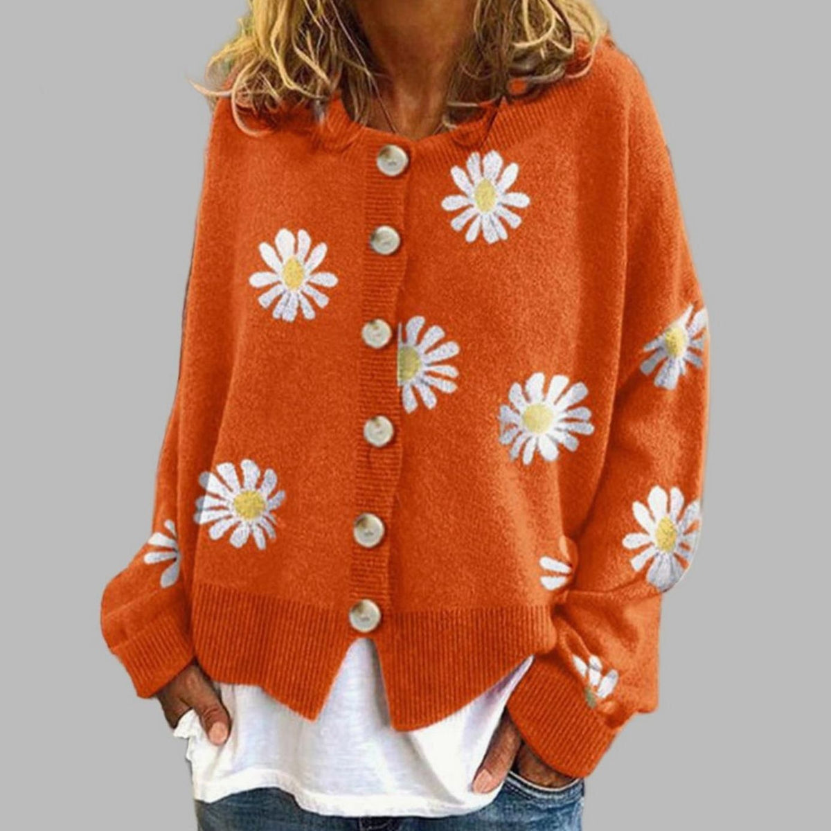 Lily | Women's Relaxed-Fit Daisy Embroidered Button-Front Knit Cardigan - Orange