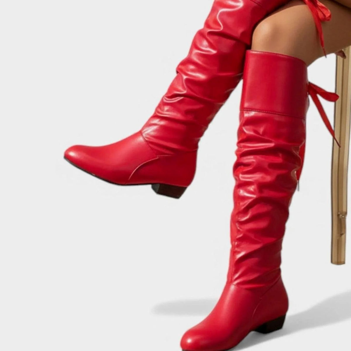 Lily | Women's Slouchy Mid-Calf Low Block Heel Boots with Bow Detail - Red