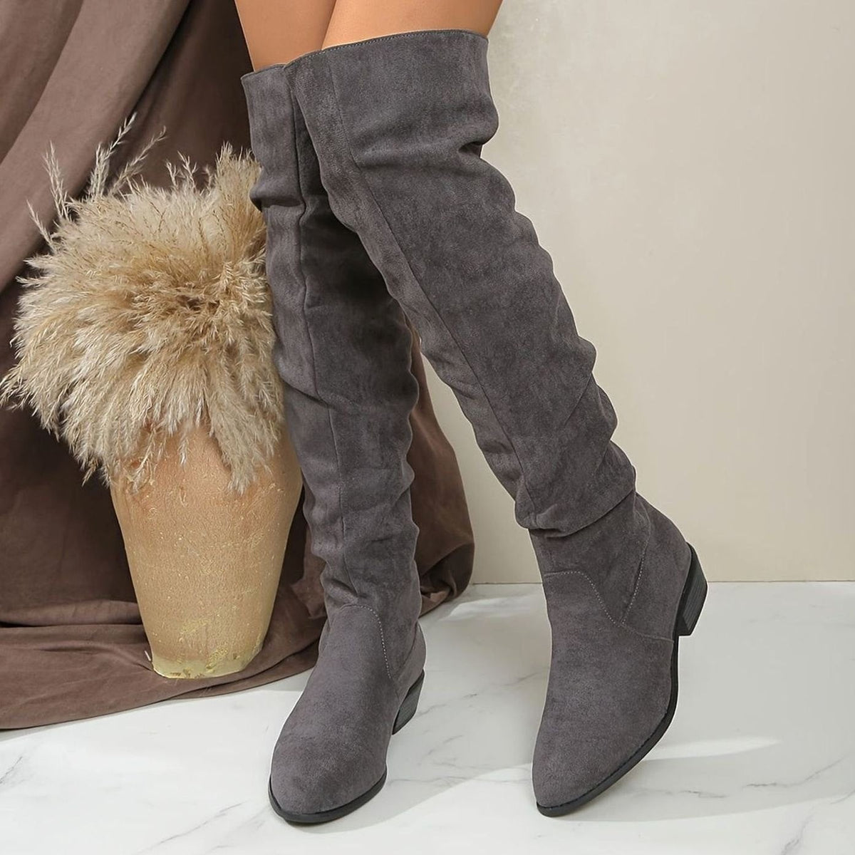 Lily | Women's Slouchy Over-the-Knee Pointed-Toe Block-Heel Boots - Gray