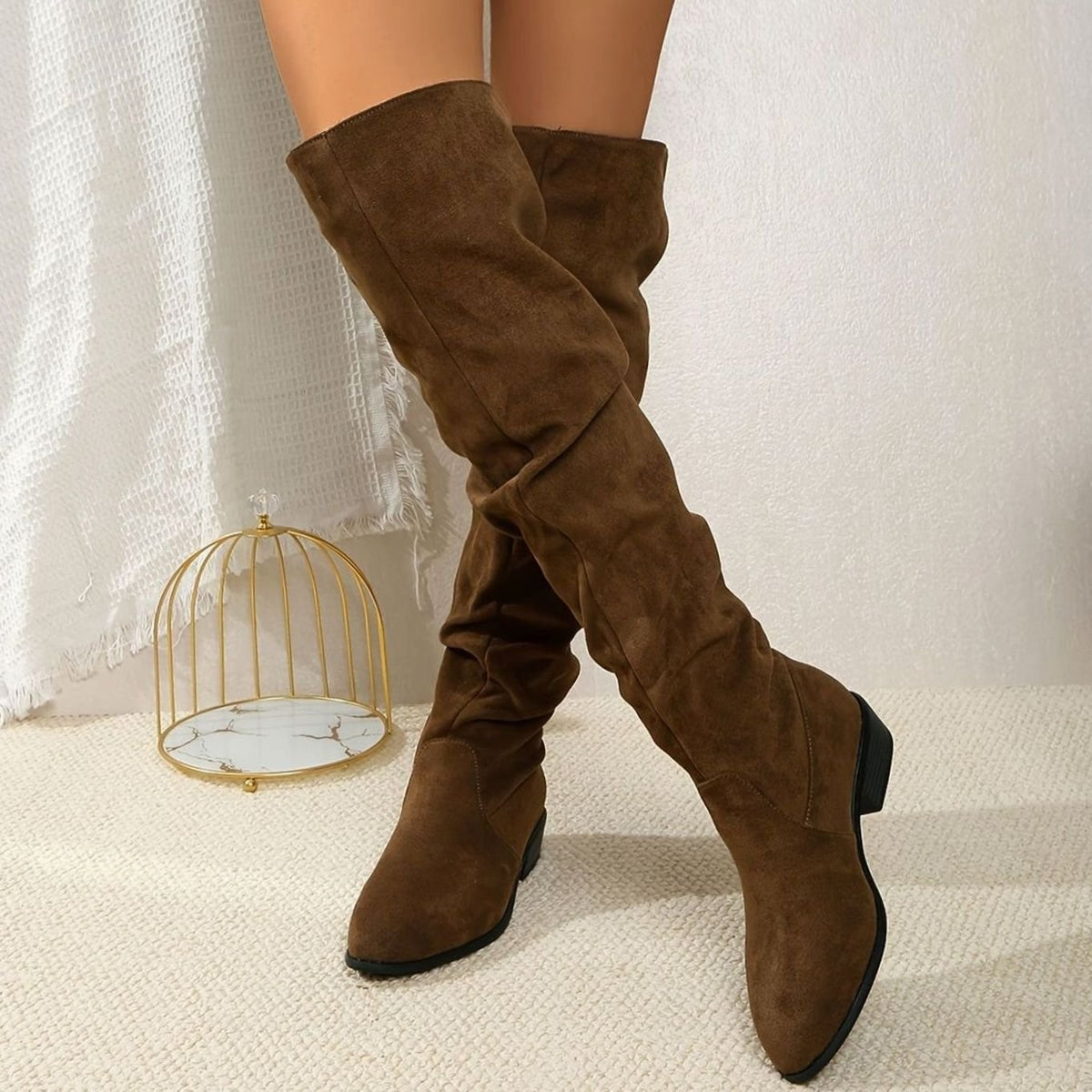 Lily | Women's Slouchy Over-the-Knee Pointed-Toe Block-Heel Boots - Khaki