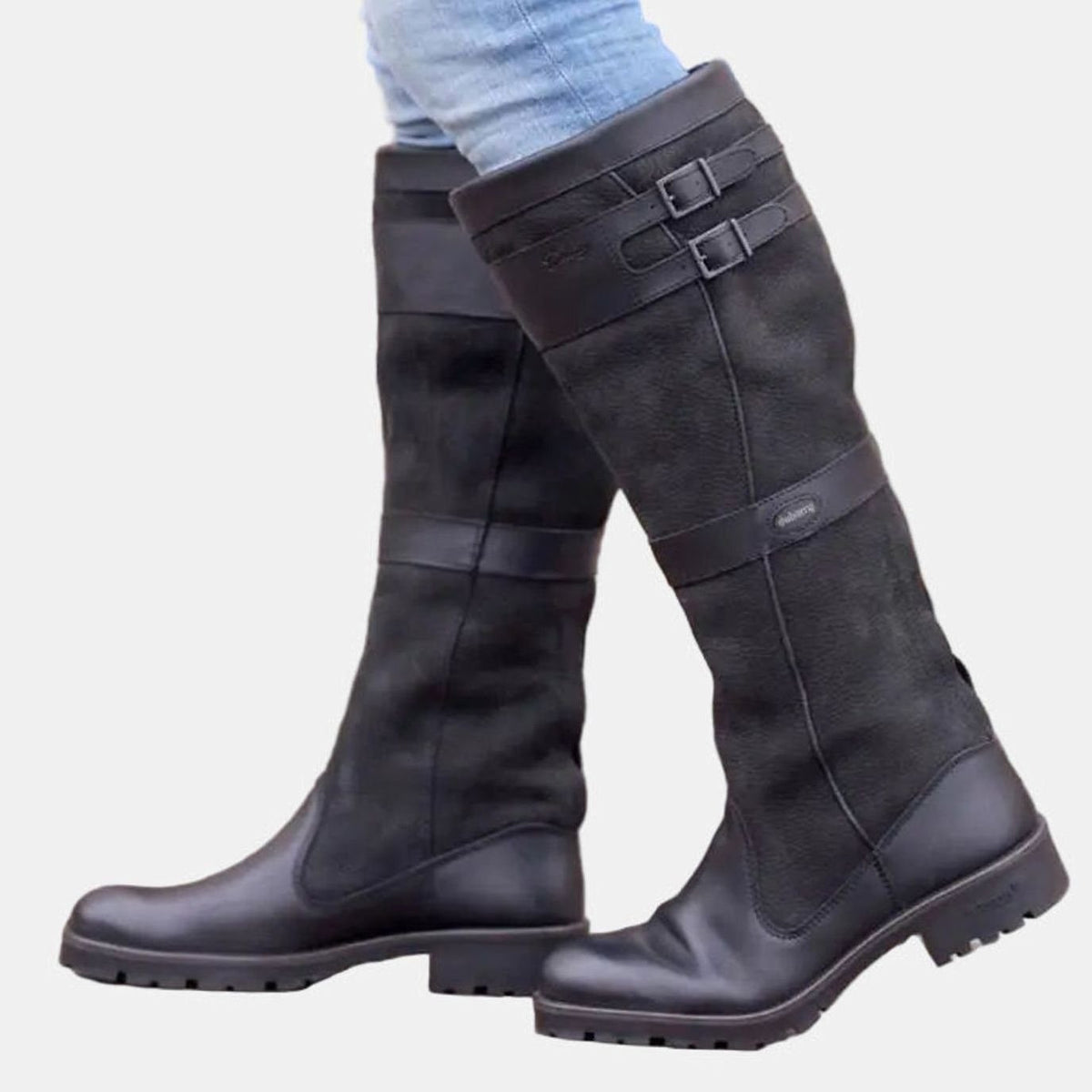 Lily | Women's Tall Double-Buckle Strap Knee-High Boots with Lug Sole - Black