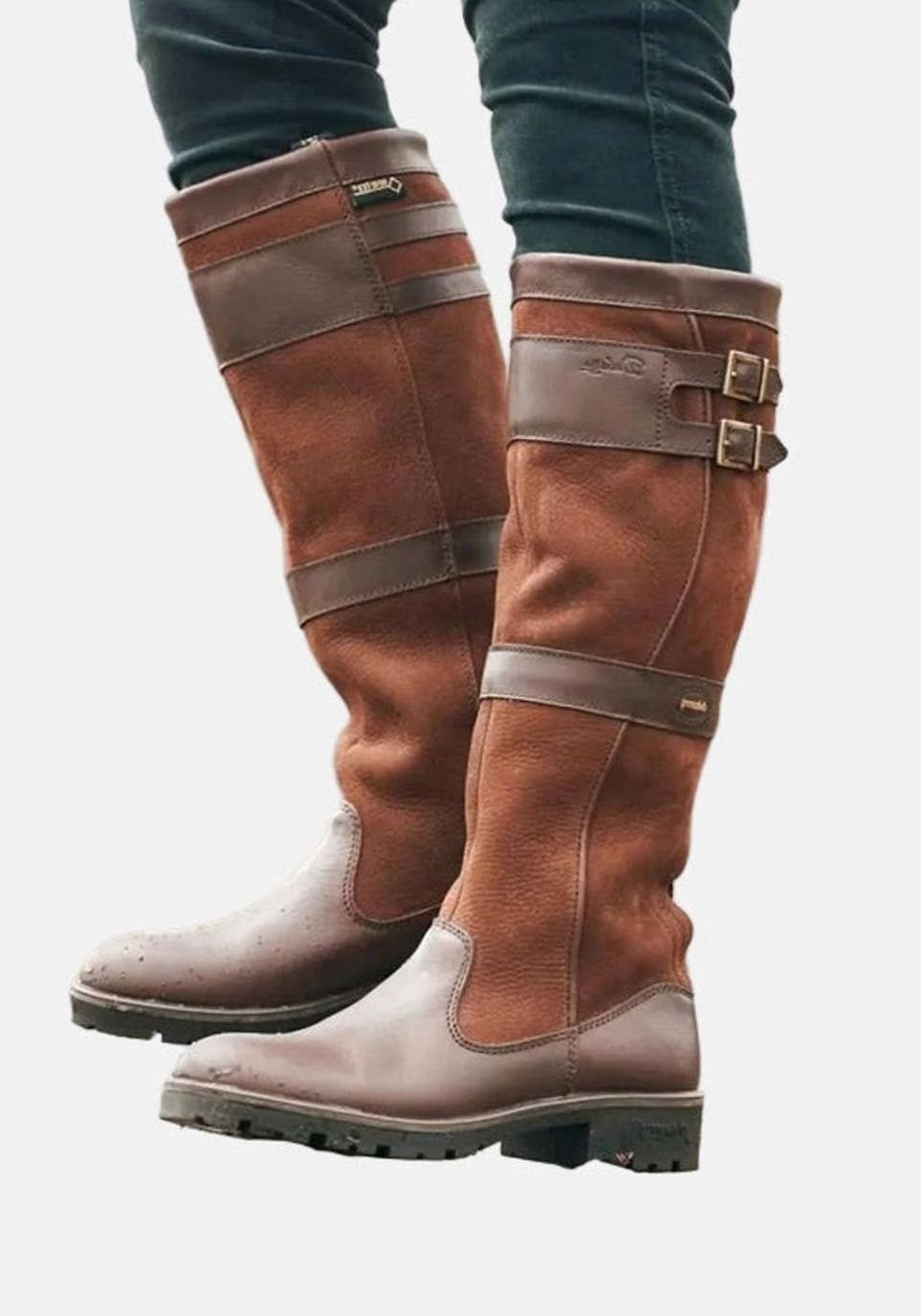 Lily | Women's Tall Double-Buckle Strap Knee-High Boots with Lug Sole - Bronze