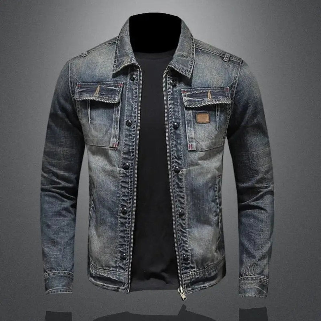 Louis | Men's Relaxed-Fit Washed Denim Zip-Up Jacket with Dual Chest Pockets - Standard
