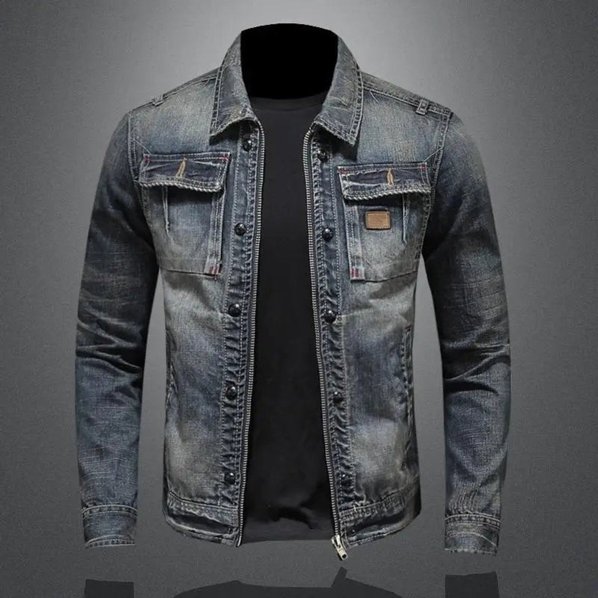 Louis | Men's Relaxed-Fit Washed Denim Zip-Up Jacket with Dual Chest Pockets - Standard
