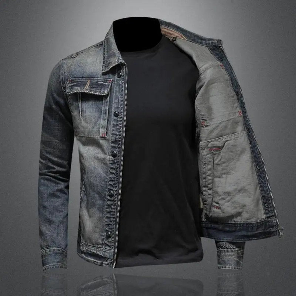 Louis | Men's Relaxed-Fit Washed Denim Zip-Up Jacket with Dual Chest Pockets - Standard