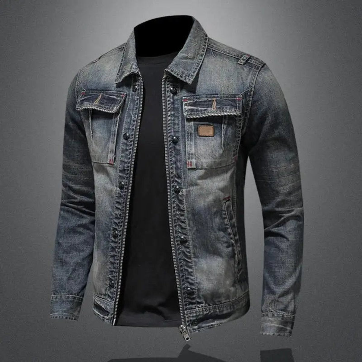 Louis | Men's Relaxed-Fit Washed Denim Zip-Up Jacket with Dual Chest Pockets - Standard