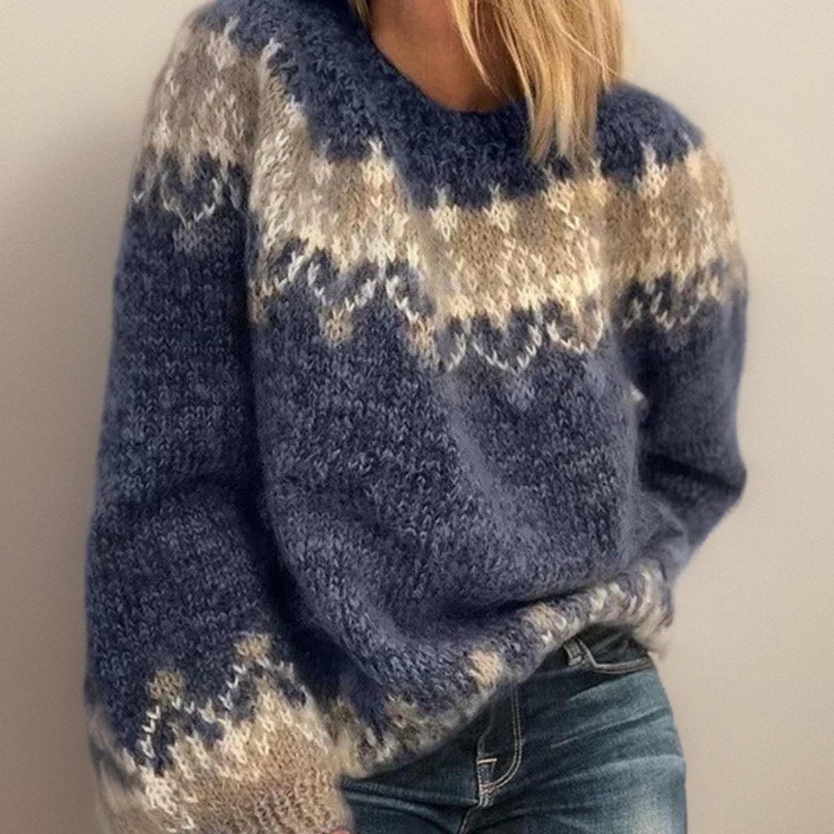 Maisie | Women's Crew-Neck Fair Isle Jacquard Relaxed-Fit Knit Jumper - Blue