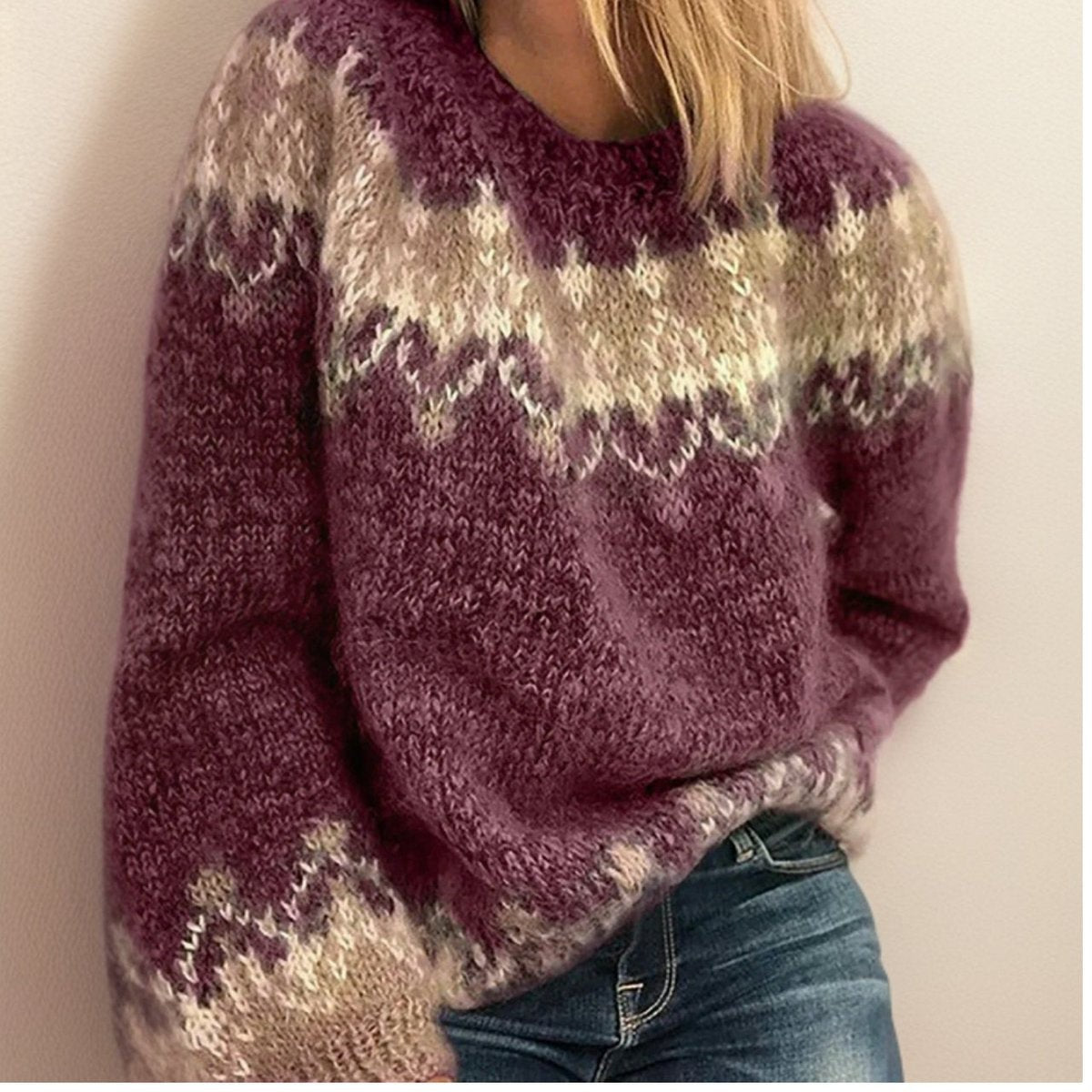 Maisie | Women's Crew-Neck Fair Isle Jacquard Relaxed-Fit Knit Jumper - Red